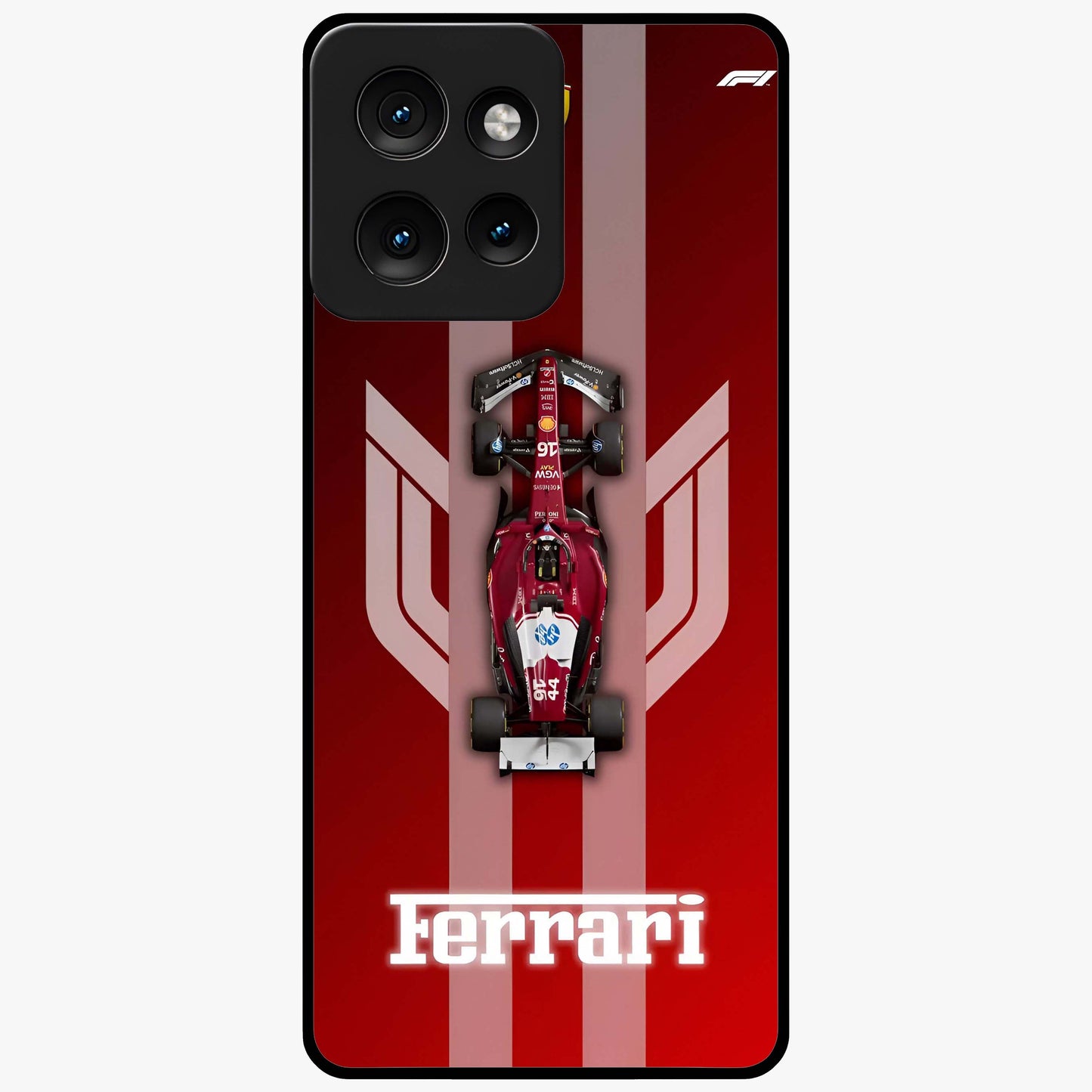 Red Ferrari F1 Vertical Glass Case showing flat back view with sleek Formula racing car artwork and glossy glass finish.