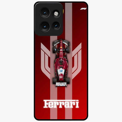 Red Ferrari F1 Vertical Glass Case showing flat back view with sleek Formula racing car artwork and glossy glass finish.