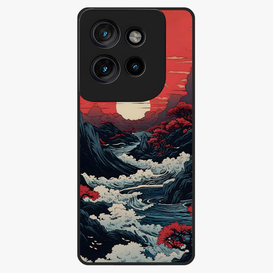 Red Sunset Scenery Glass Case showing flat back view with vibrant sunset landscape artwork and glossy glass finish.