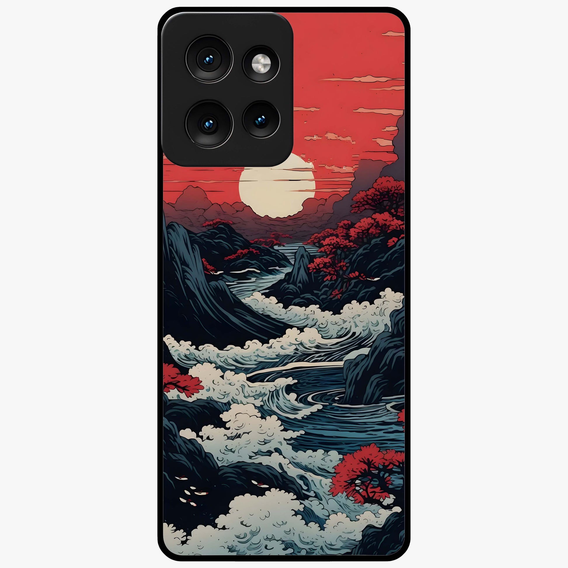 Red Sunset Scenery Glass Case showing flat back view with vibrant sunset landscape artwork and glossy glass finish.