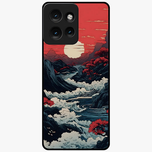 Red Sunset Scenery Glass Case showing flat back view with vibrant sunset landscape artwork and glossy glass finish.