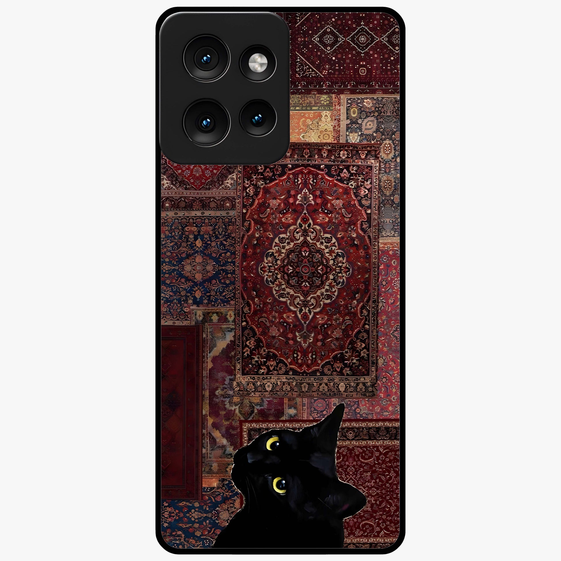 Regal Magic Cat Apple Glass Case showing flat back view with magical cat artwork holding apple and glossy glass finish.