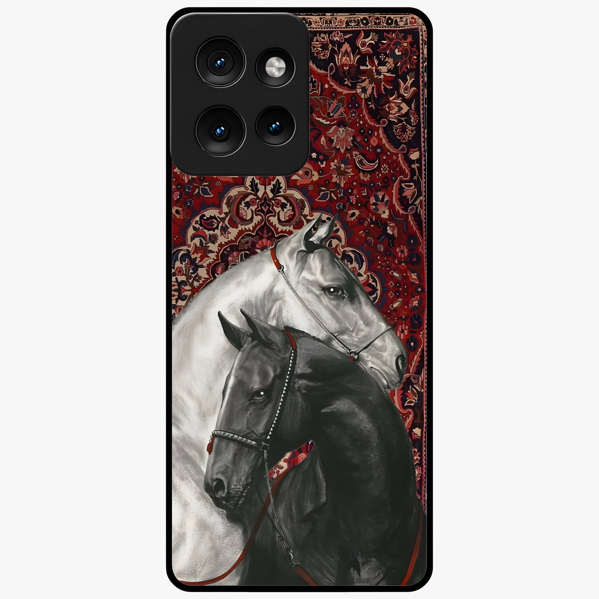 Regal Stallion Tapestry Glass Case showing flat back view with majestic horse tapestry artwork and glossy glass finish.