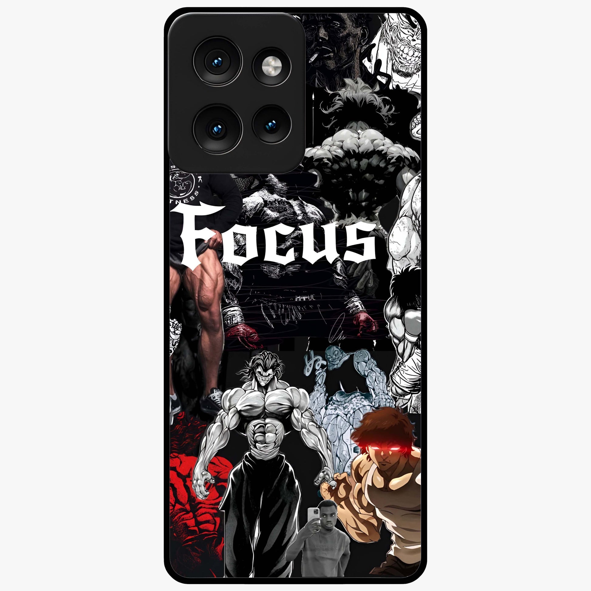 Relentless Power Focus Glass Case showing flat back view with motivational typography artwork and glossy glass finish.