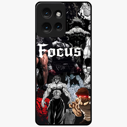 Relentless Power Focus Glass Case showing flat back view with motivational typography artwork and glossy glass finish.