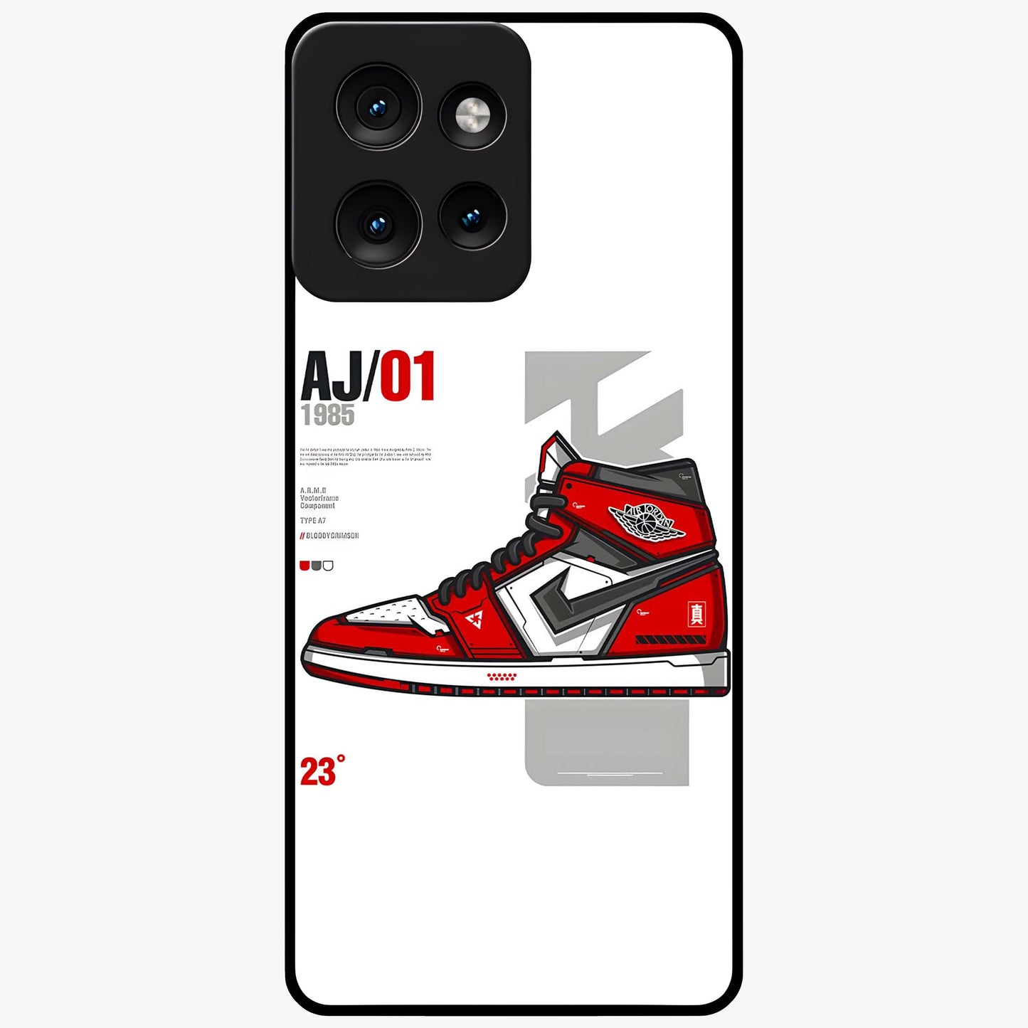 Retro Sneaker Blueprint Glass Case showing flat back view with sneaker blueprint style artwork and glossy glass finish.