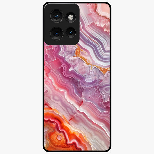 Rose Quartz Marble Glass Case showing flat back view with pink marble quartz texture artwork and glossy glass finish.