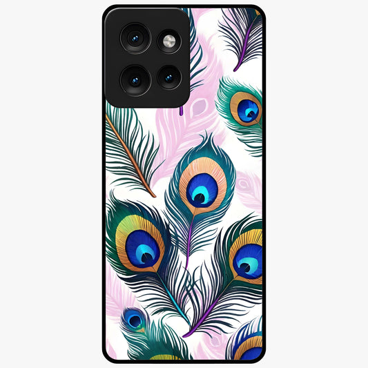 Royal Peacock Feathers Glass Case showing flat back view with colorful peacock feather artwork and glossy glass finish.
