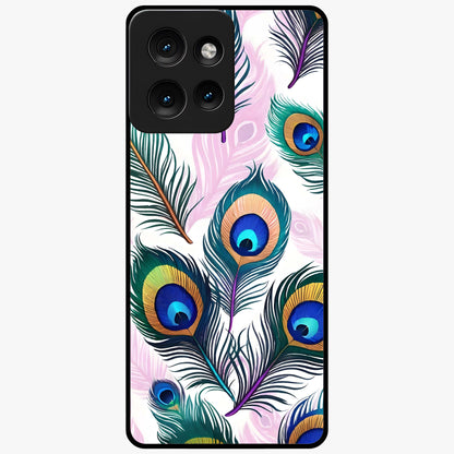 Royal Peacock Feathers Glass Case showing flat back view with colorful peacock feather artwork and glossy glass finish.