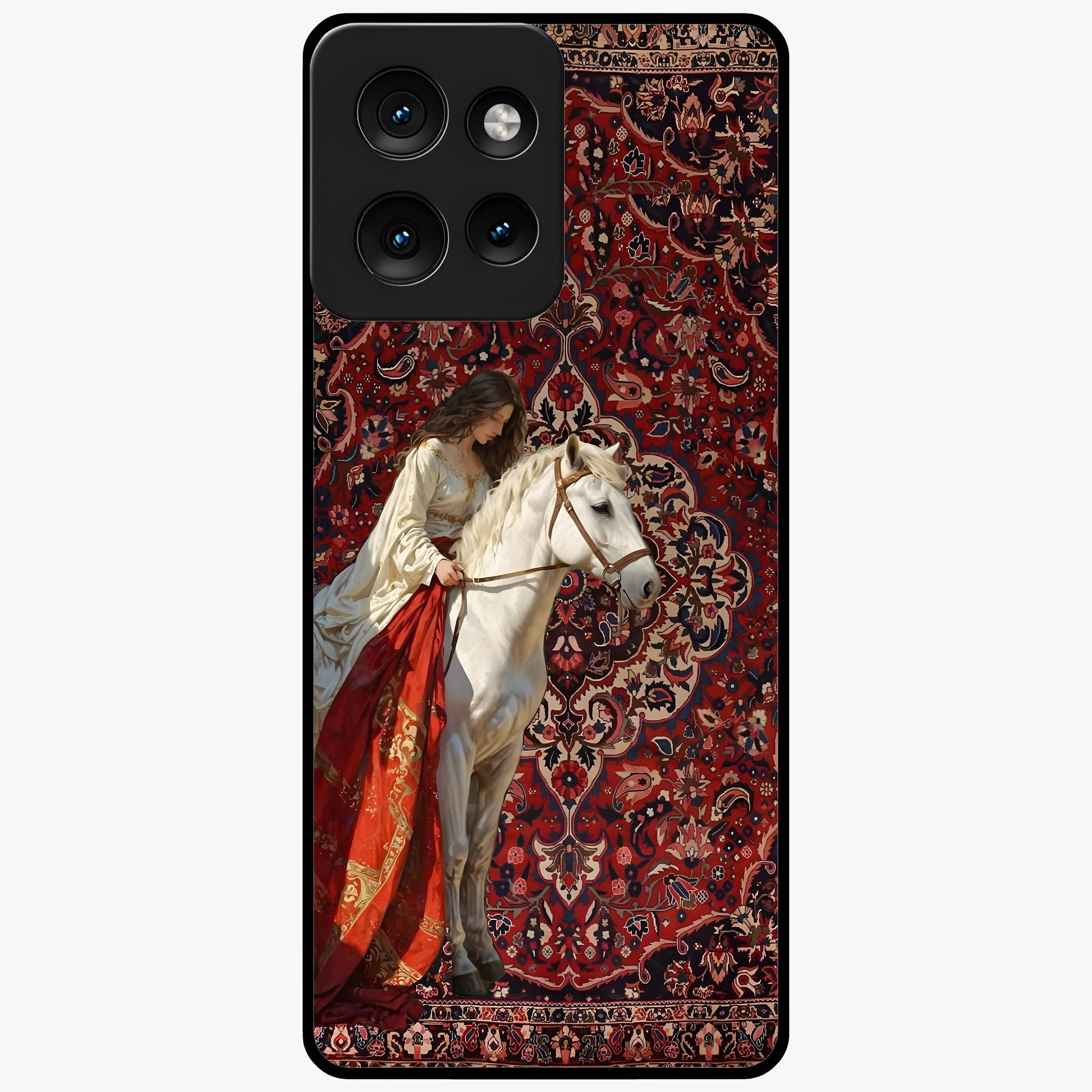 Royal Rider Tapestry Glass Case showing flat back view with majestic horse rider tapestry artwork and glossy glass finish.