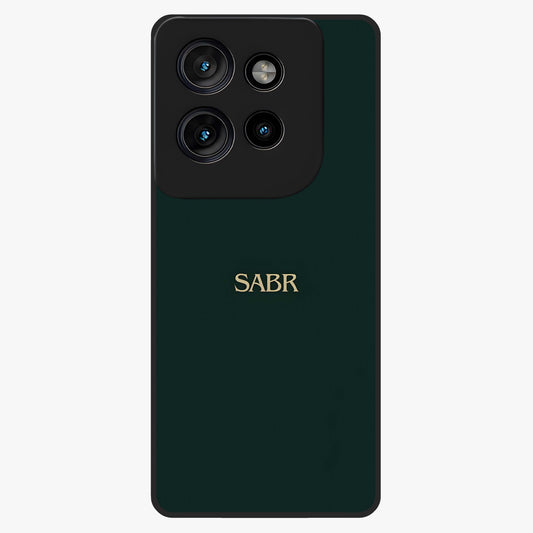 Sabr Minimal Patience Glass Case showing flat back view with minimalist typography artwork and glossy glass finish.
