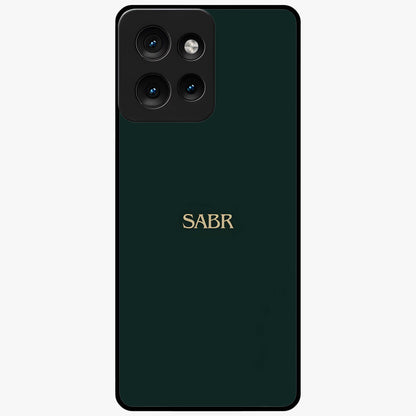 Sabr Minimal Patience Glass Case showing flat back view with minimalist typography artwork and glossy glass finish.