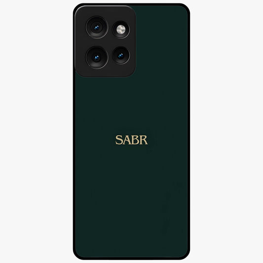 Sabr Minimal Patience Glass Case showing flat back view with minimalist typography artwork and glossy glass finish.