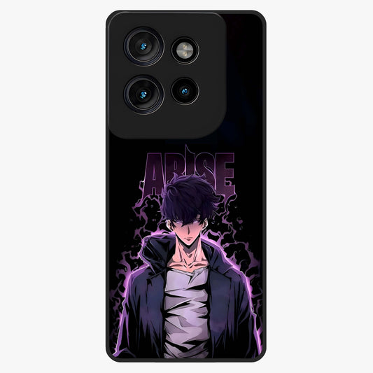 Shadow Monarch Awakening Glass Case showing flat back view with powerful dark monarch themed artwork and glossy glass finish.