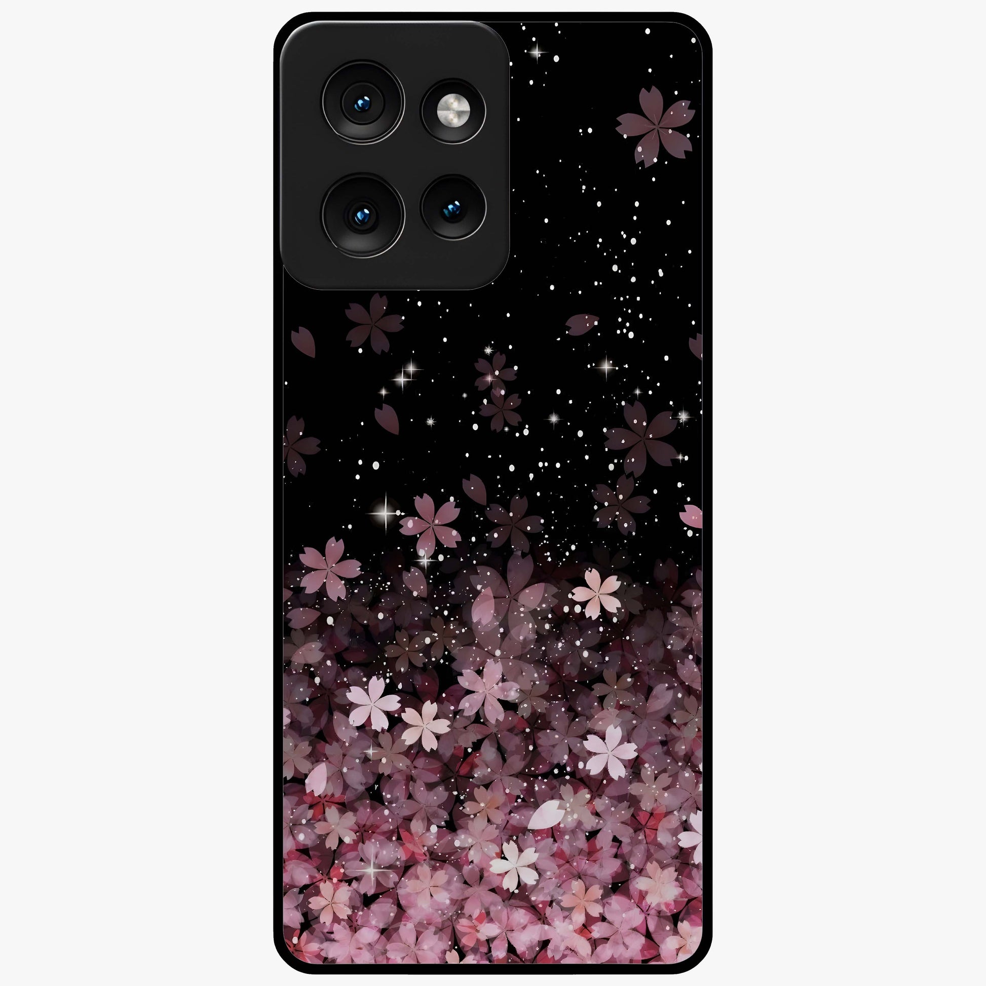 Small Starry Flowers Glass Case showing flat back view with delicate starry floral artwork and glossy glass finish.
