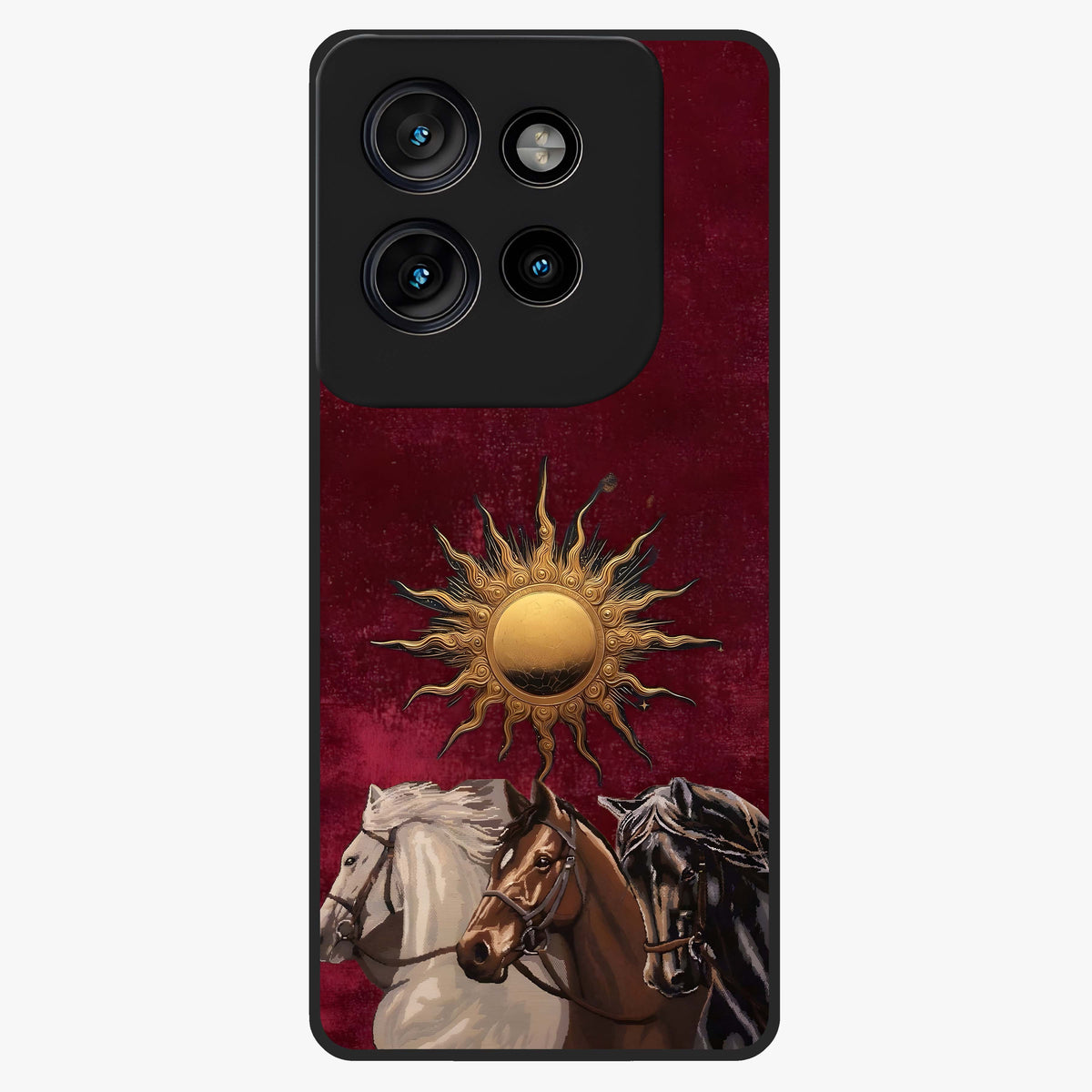 Solar Riders Glass Case showing flat back view with dynamic rider themed artwork and glossy glass finish.