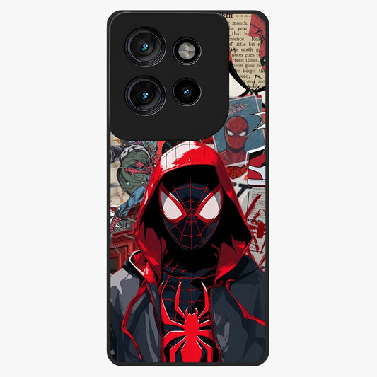 Spider Collage Street Glass Case showing flat back view with vibrant superhero collage artwork and glossy glass finish.