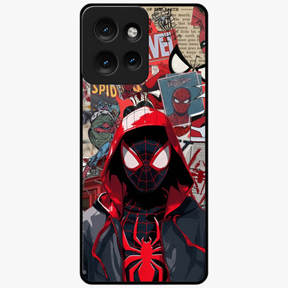 Spider Collage Street Glass Case showing flat back view with vibrant superhero collage artwork and glossy glass finish.