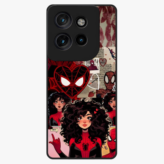 Spider Love Story Glass Case showing flat back view with romantic superhero themed artwork and glossy glass finish.