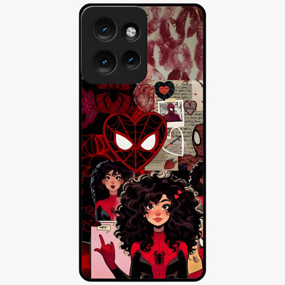 Spider Love Story Glass Case showing flat back view with romantic superhero themed artwork and glossy glass finish.