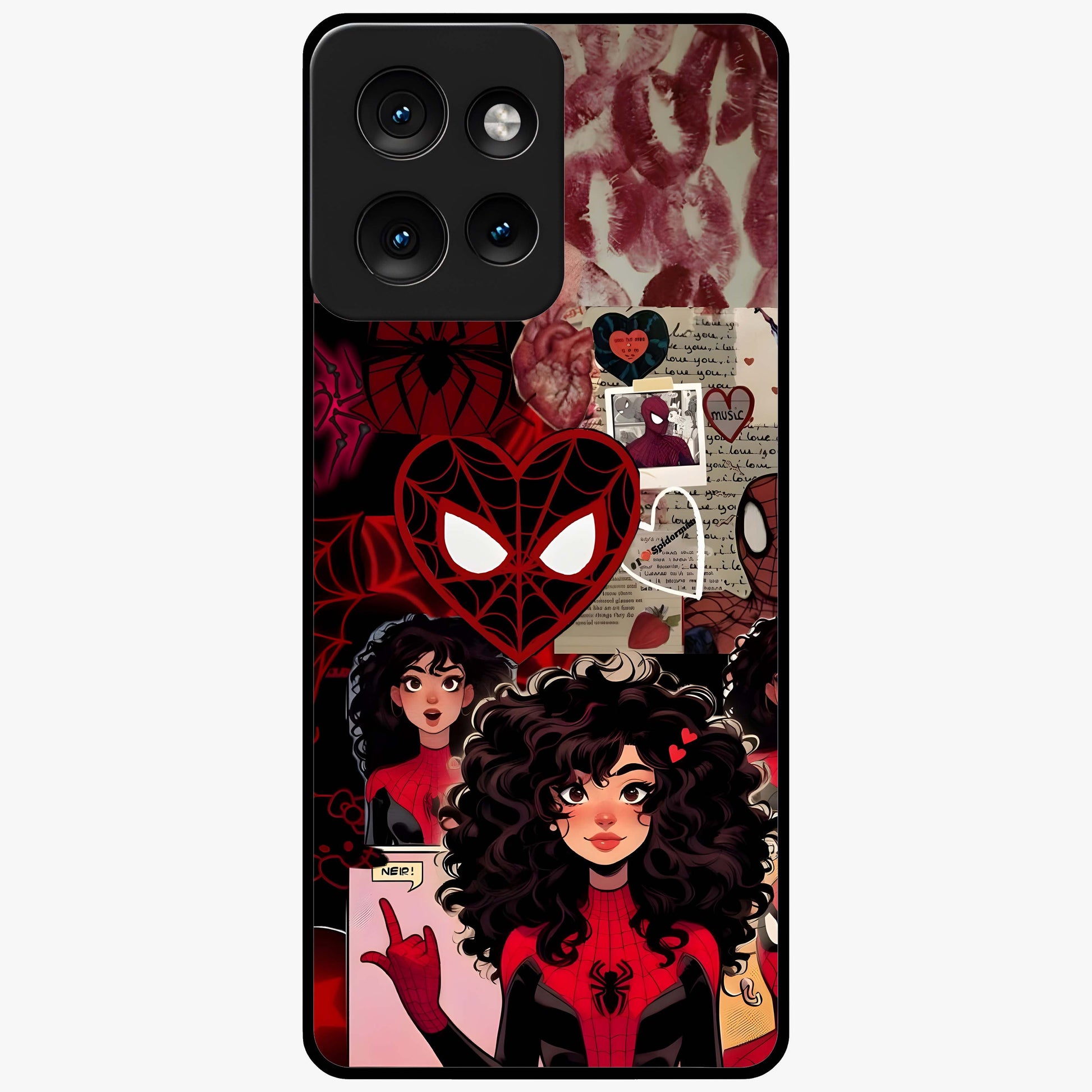 Spider Love Story Glass Case showing flat back view with romantic superhero themed artwork and glossy glass finish.