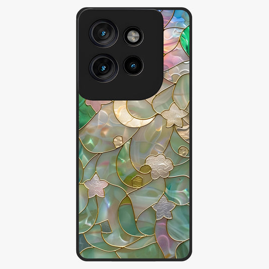 Stained Sunrise Glow Glass Case showing flat back view with glowing sunrise stained pattern artwork and glossy glass finish.