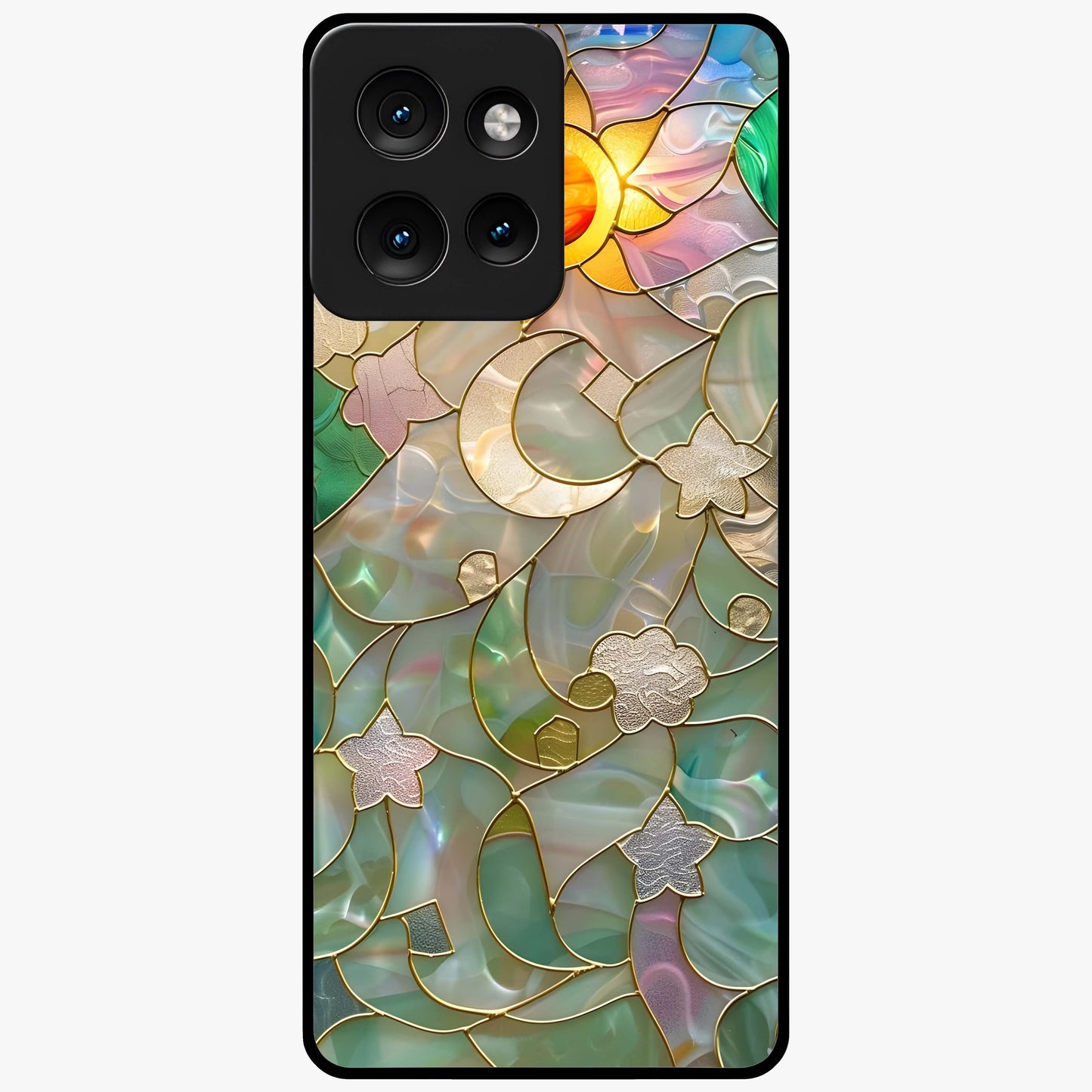 Stained Sunrise Glow Glass Case showing flat back view with glowing sunrise stained pattern artwork and glossy glass finish.