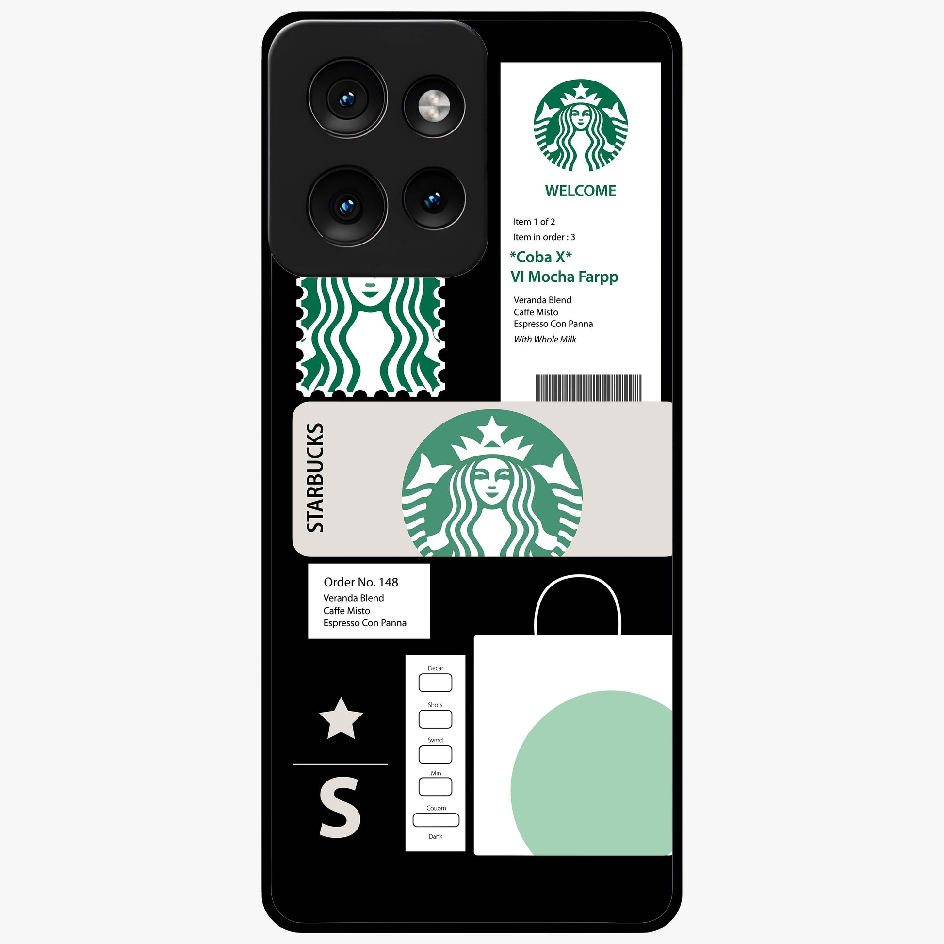 Starbucks Mocha Glass Case showing flat back view with coffee inspired artwork and glossy glass finish.