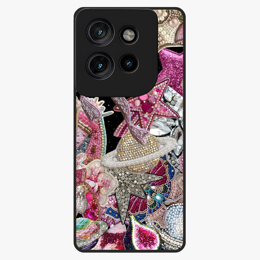 Starlit Jewel Dream Glass Case showing flat back view with sparkling jewel and star themed artwork and glossy glass finish.