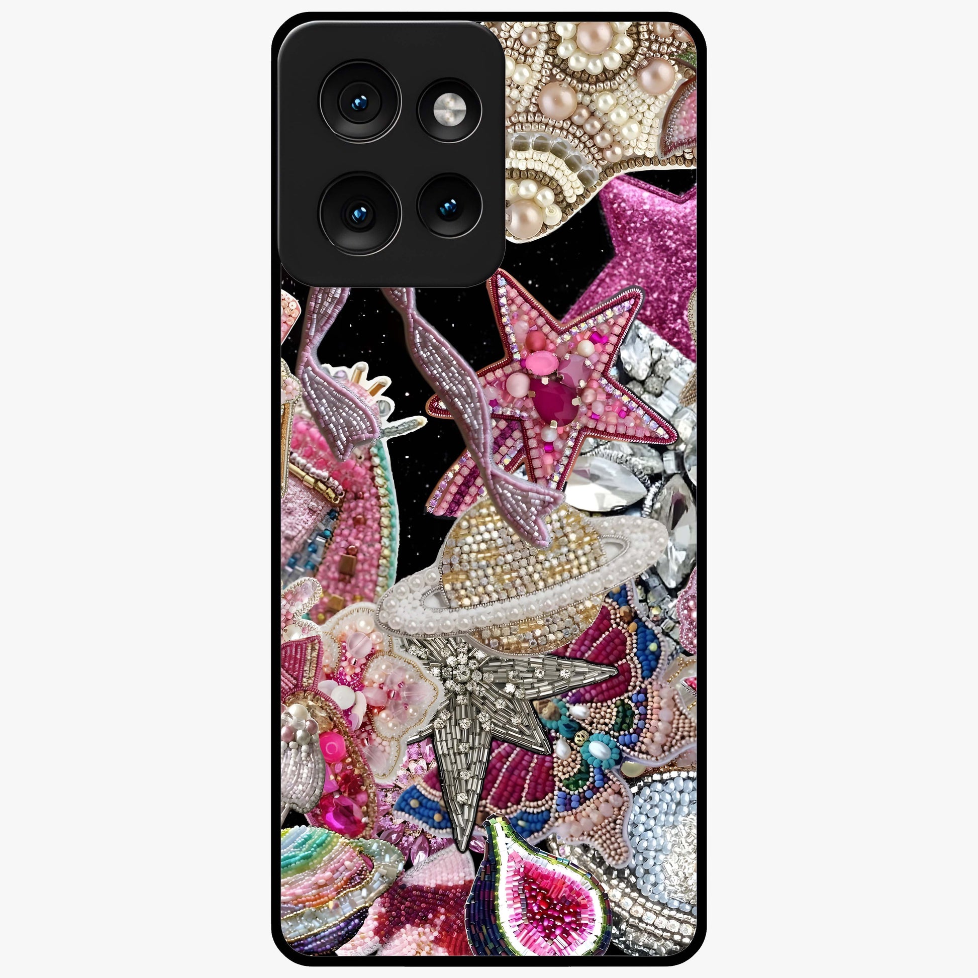 Starlit Jewel Dream Glass Case showing flat back view with sparkling jewel and star themed artwork and glossy glass finish.