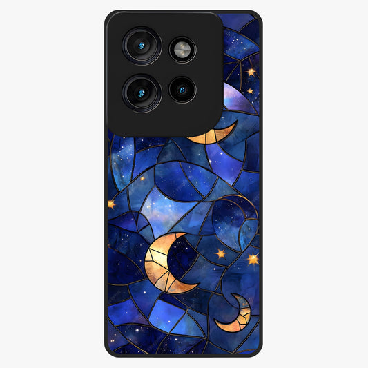 Starlit Sky Tapestry Glass Case showing flat back view with decorative starry sky tapestry artwork and glossy glass finish.