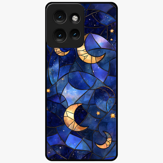 Starlit Sky Tapestry Glass Case showing flat back view with decorative starry sky tapestry artwork and glossy glass finish.
