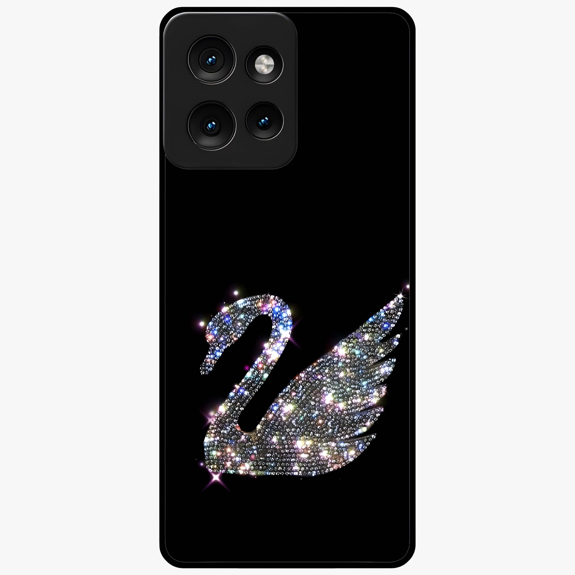 Starlit Swan Grace Glass Case showing flat back view with graceful swan artwork under starry sky and glossy glass finish.