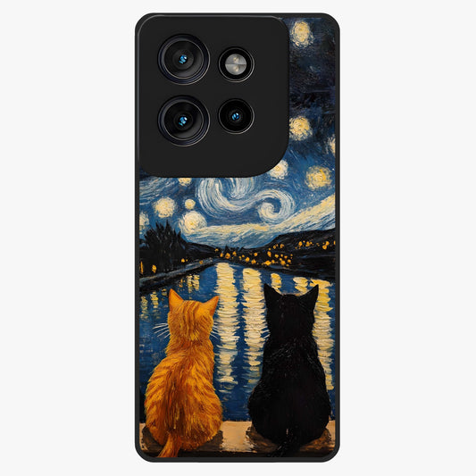 Starry River Cats Glass Case showing flat back view with cats by a starry river artwork and glossy glass finish.