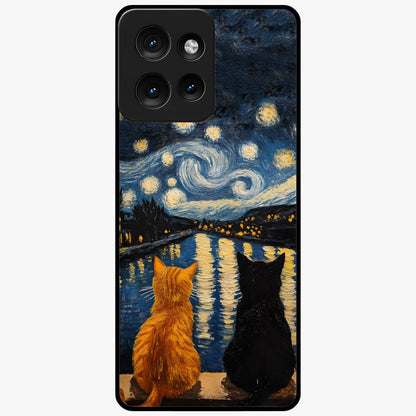 Starry River Cats Glass Case showing flat back view with cats by a starry river artwork and glossy glass finish.