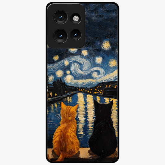 Starry River Cats Glass Case showing flat back view with cats by a starry river artwork and glossy glass finish.