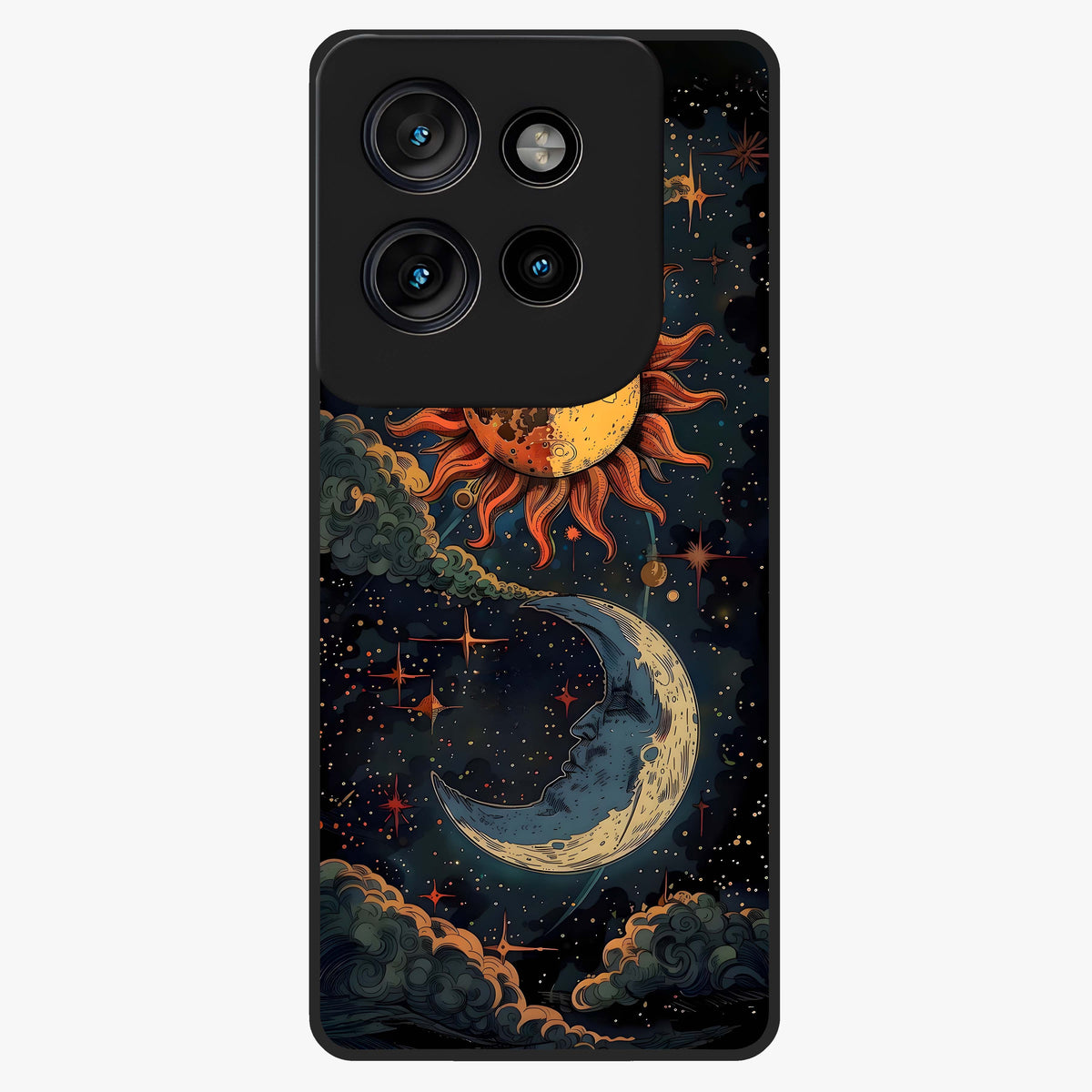 Sun And Moon Magic Design Glass Case showing flat back view with mystical sun and moon artwork and glossy glass finish.