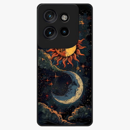 Sun And Moon Magic Design Glass Case showing flat back view with mystical sun and moon artwork and glossy glass finish.
