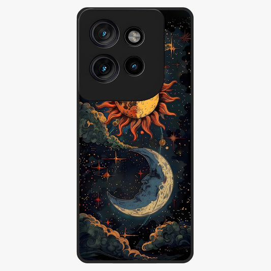 Sun And Moon Magic Design Glass Case showing flat back view with mystical sun and moon artwork and glossy glass finish.