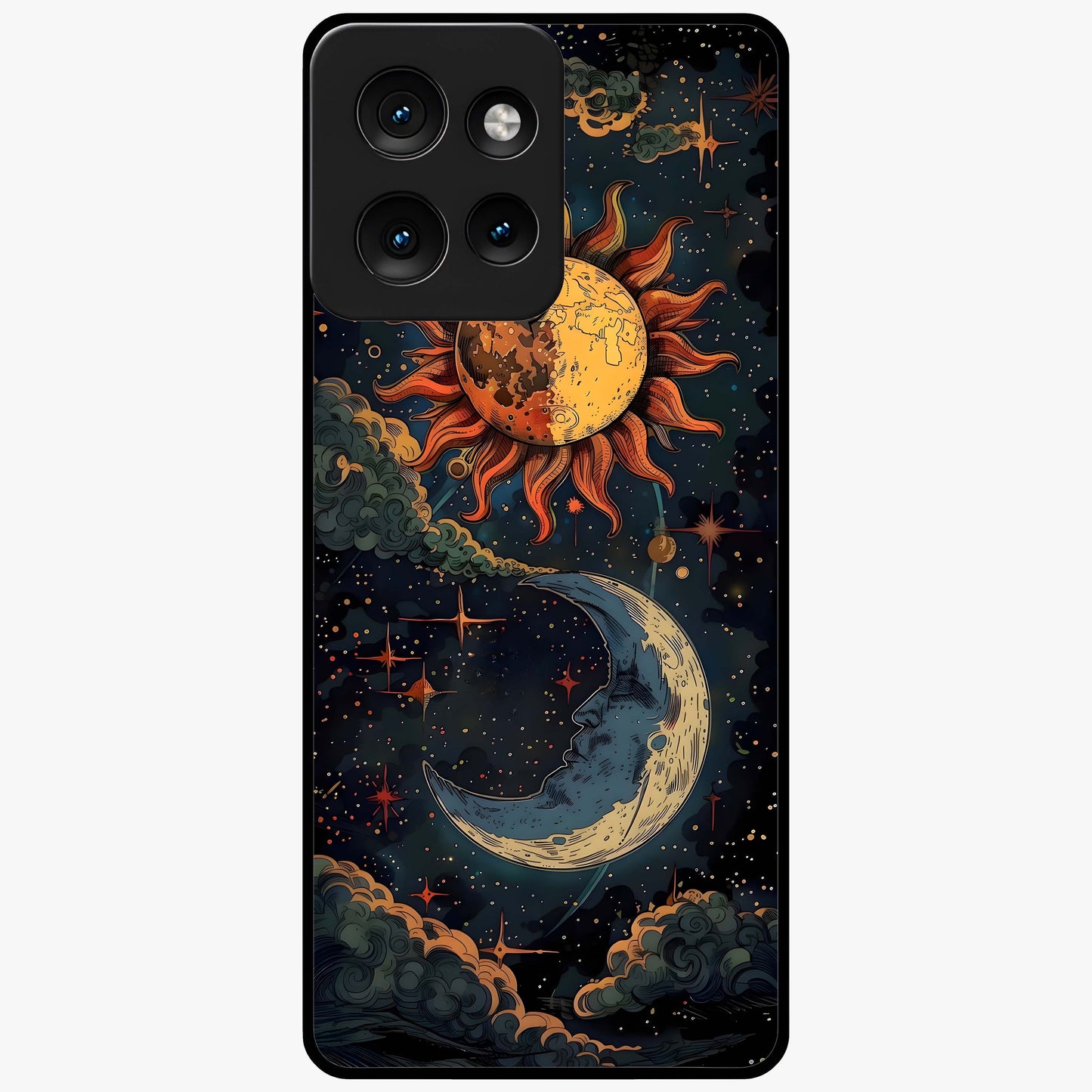 Sun And Moon Magic Design Glass Case showing flat back view with mystical sun and moon artwork and glossy glass finish.