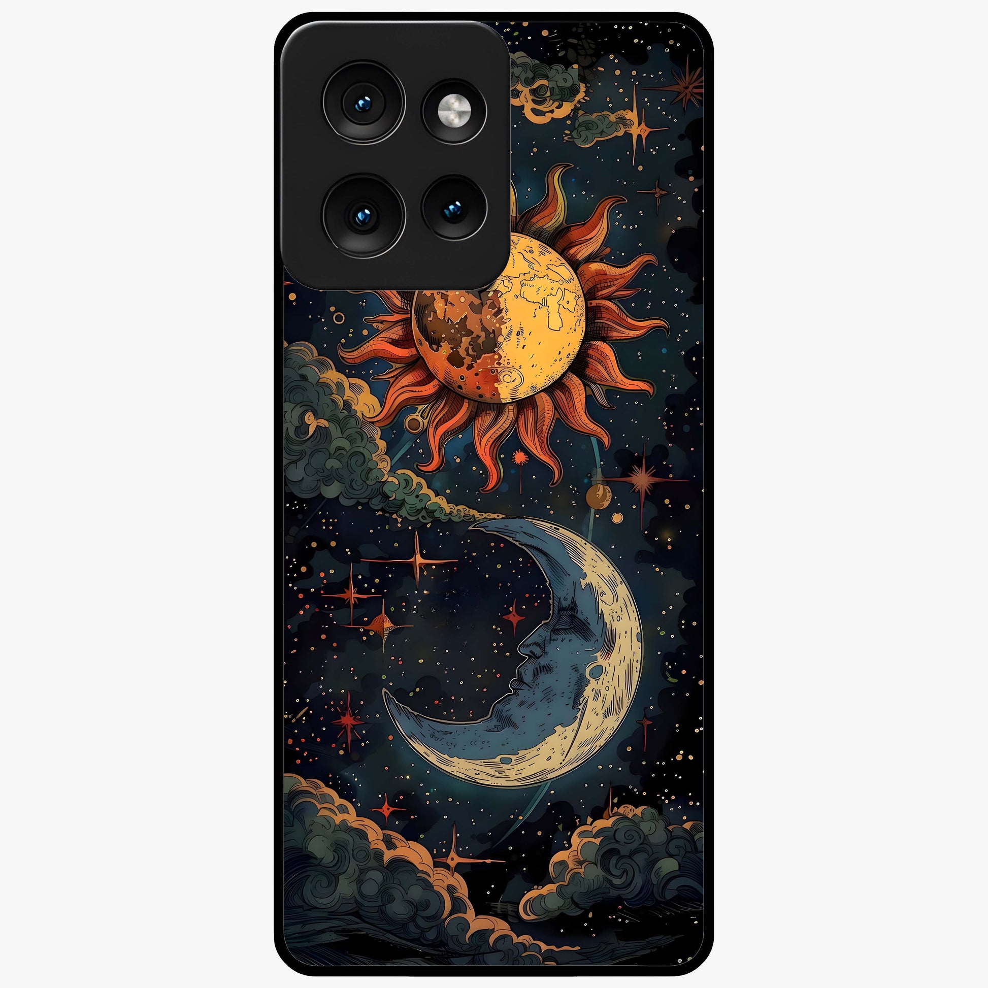 Sun And Moon Magic Design Glass Case showing flat back view with mystical sun and moon artwork and glossy glass finish.