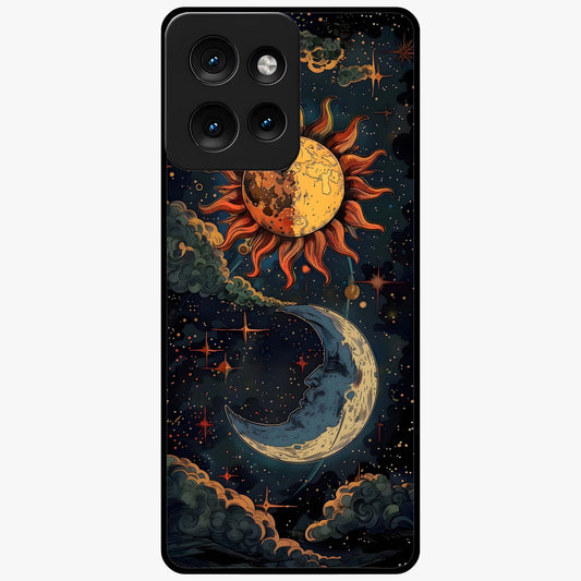 Sun And Moon Magic Design Glass Case showing flat back view with mystical sun and moon artwork and glossy glass finish.