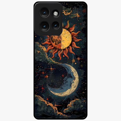 Sun And Moon Magic Design Glass Case showing flat back view with mystical sun and moon artwork and glossy glass finish.
