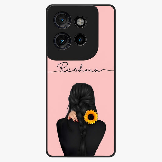 Sunflower Braid Beauty With Custom Name Glass Case showing flat back view with sunflower braid artwork and personalized name design.
