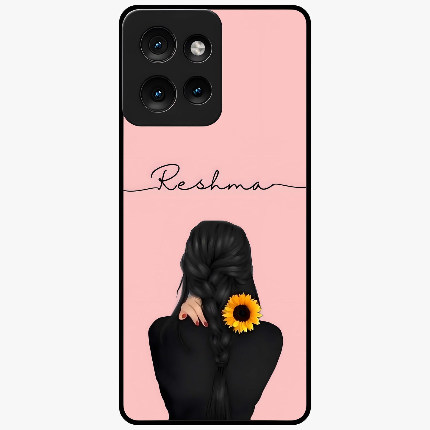 Sunflower Braid Beauty With Custom Name Glass Case showing flat back view with sunflower braid artwork and personalized name design.