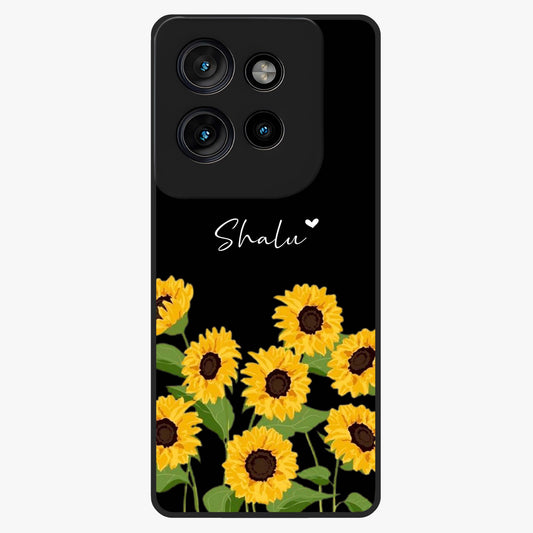 Sunflower Chic Mood Custom Name Glass Case showing flat back view with stylish sunflower artwork and personalized name design.