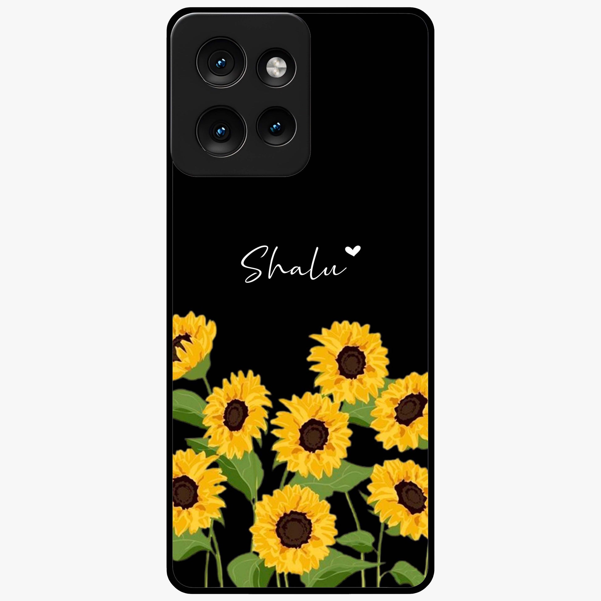 Sunflower Chic Mood Custom Name Glass Case showing flat back view with stylish sunflower artwork and personalized name design.