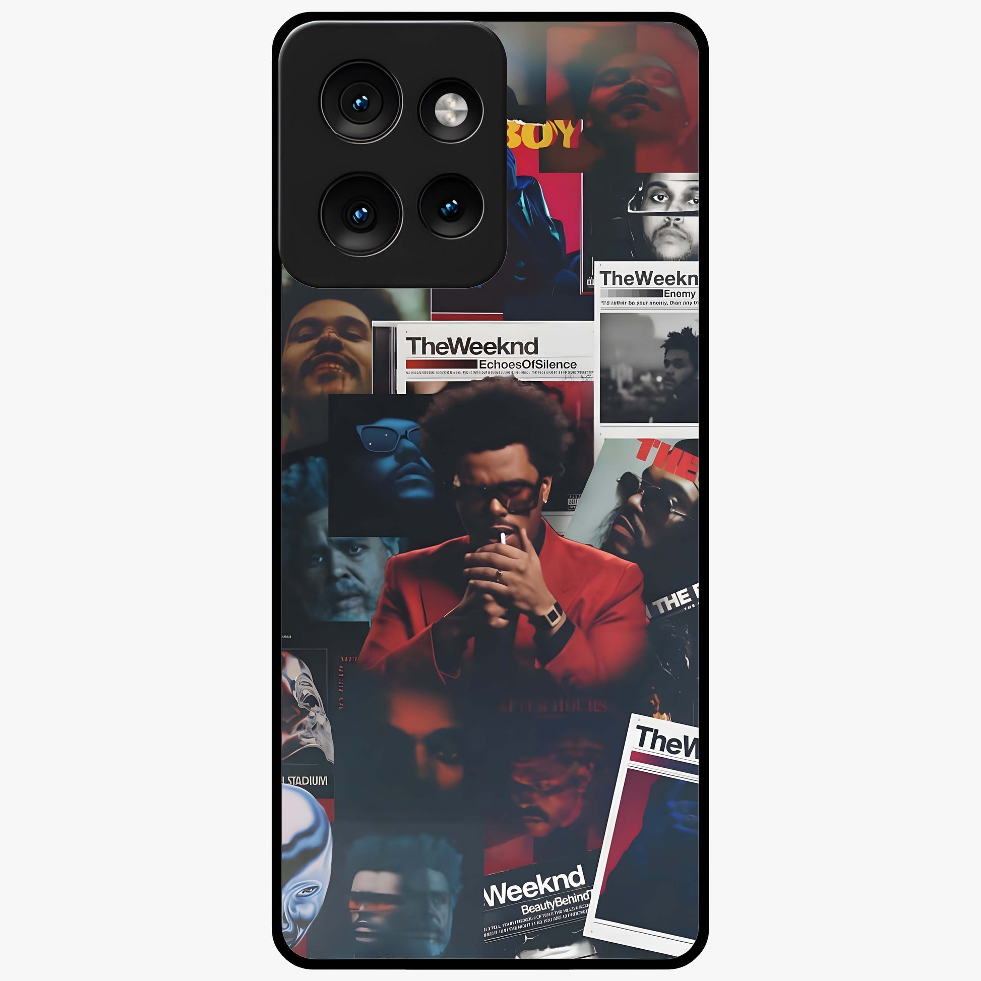 The Weeknd Glass Case showing flat back view with music inspired artistic portrait artwork and glossy glass finish.