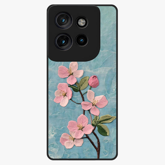 Threaded Blossom Breeze Glass Case showing flat back view with delicate blossom artwork and glossy glass finish.