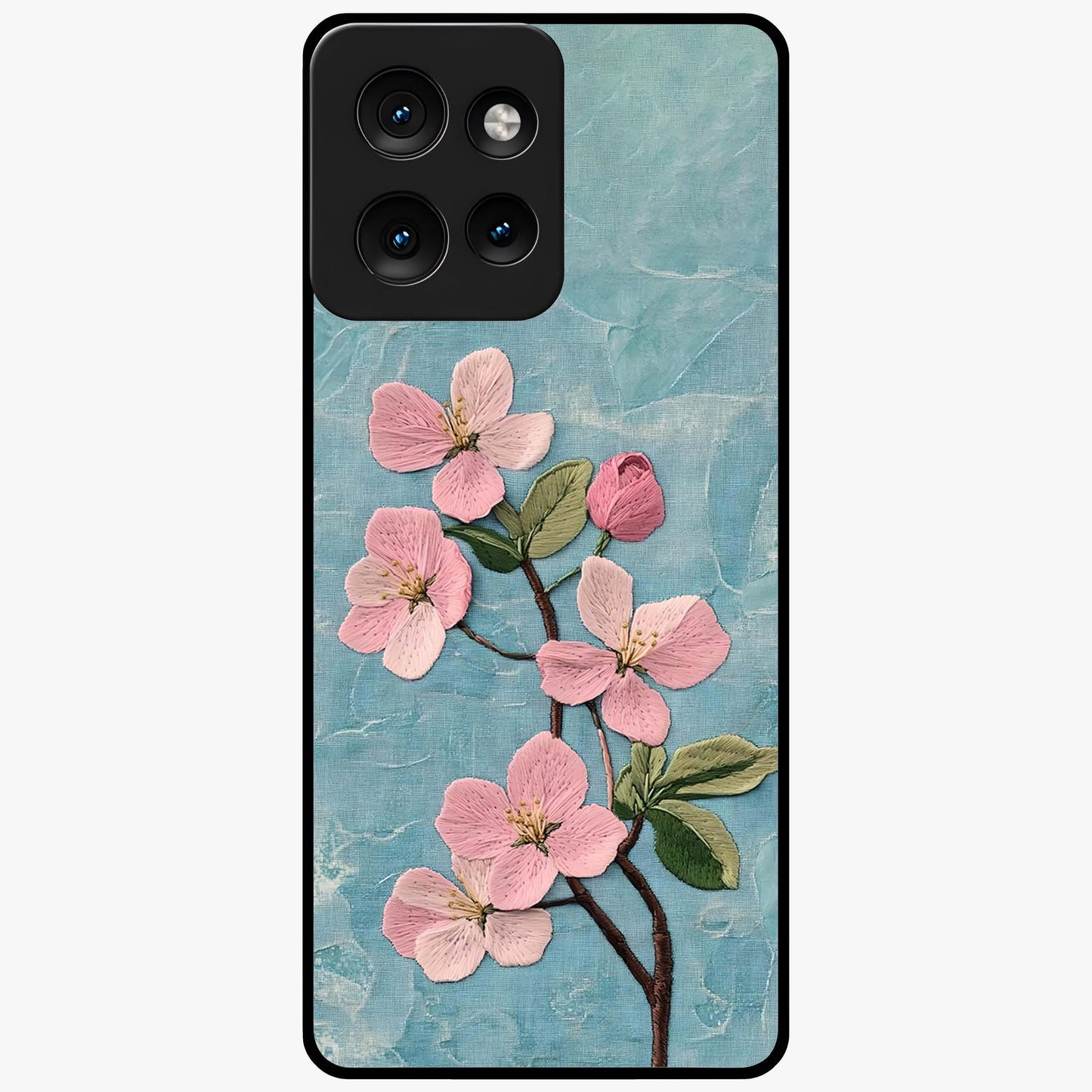 Threaded Blossom Breeze Glass Case showing flat back view with delicate blossom artwork and glossy glass finish.